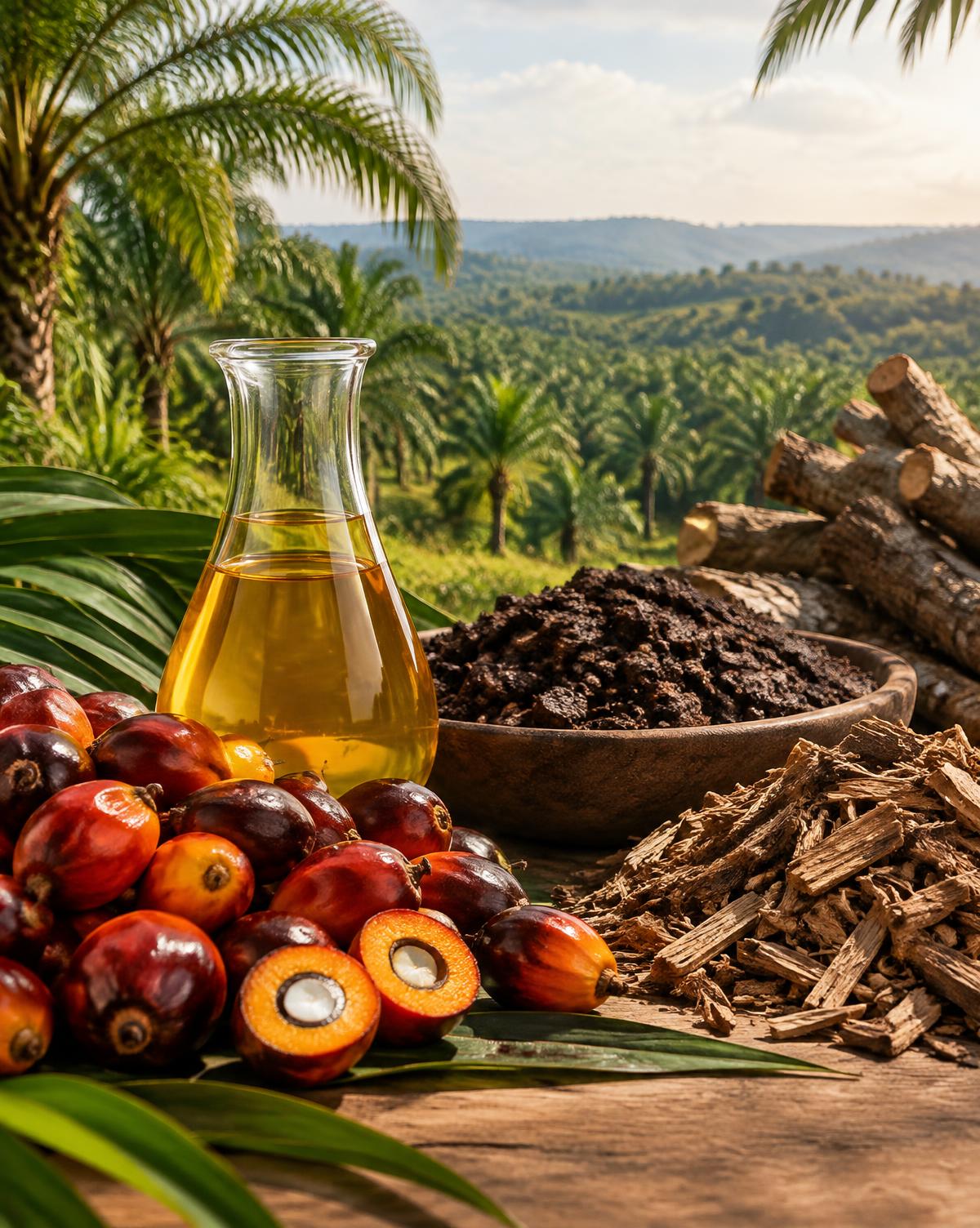 Frutti di palma da olio, olio vegetale e biomassa solida